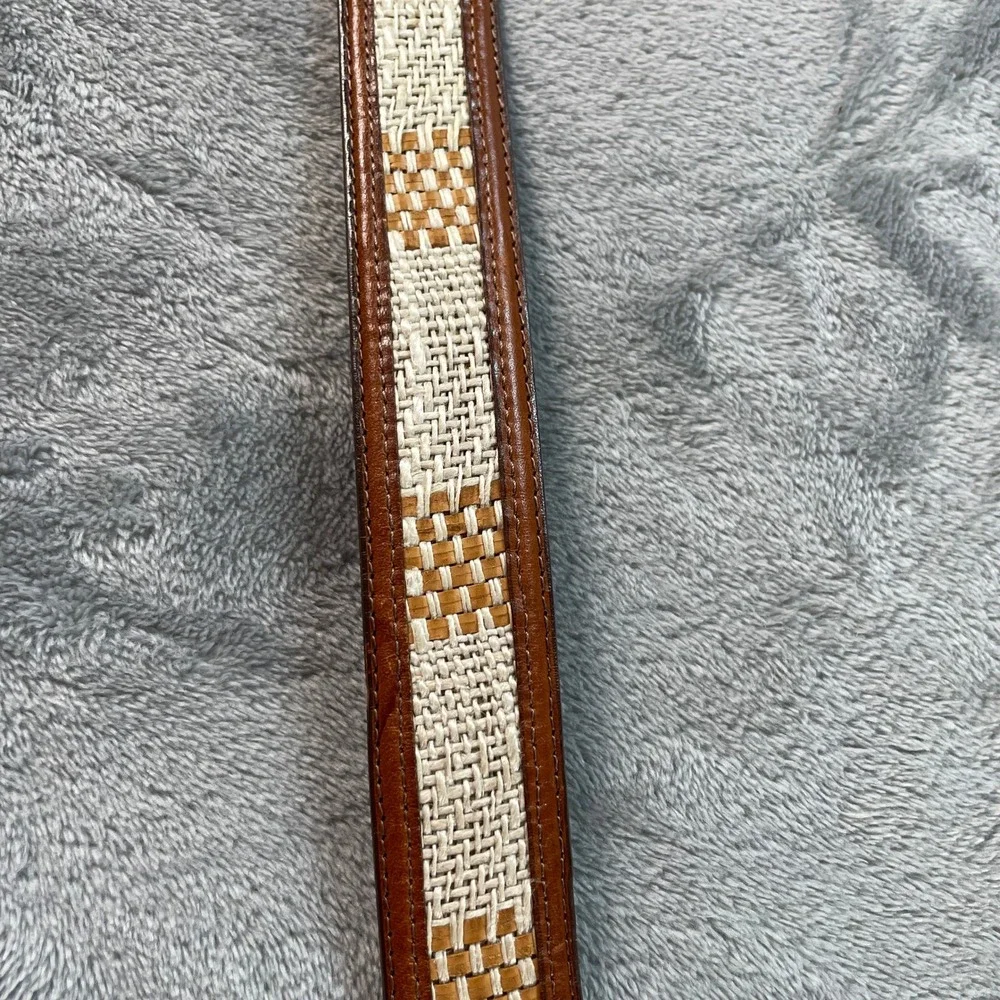 Vtg Aniline Kipskin Leather Woven Inlay Belt Solid Brass Buckle USA Mens 42